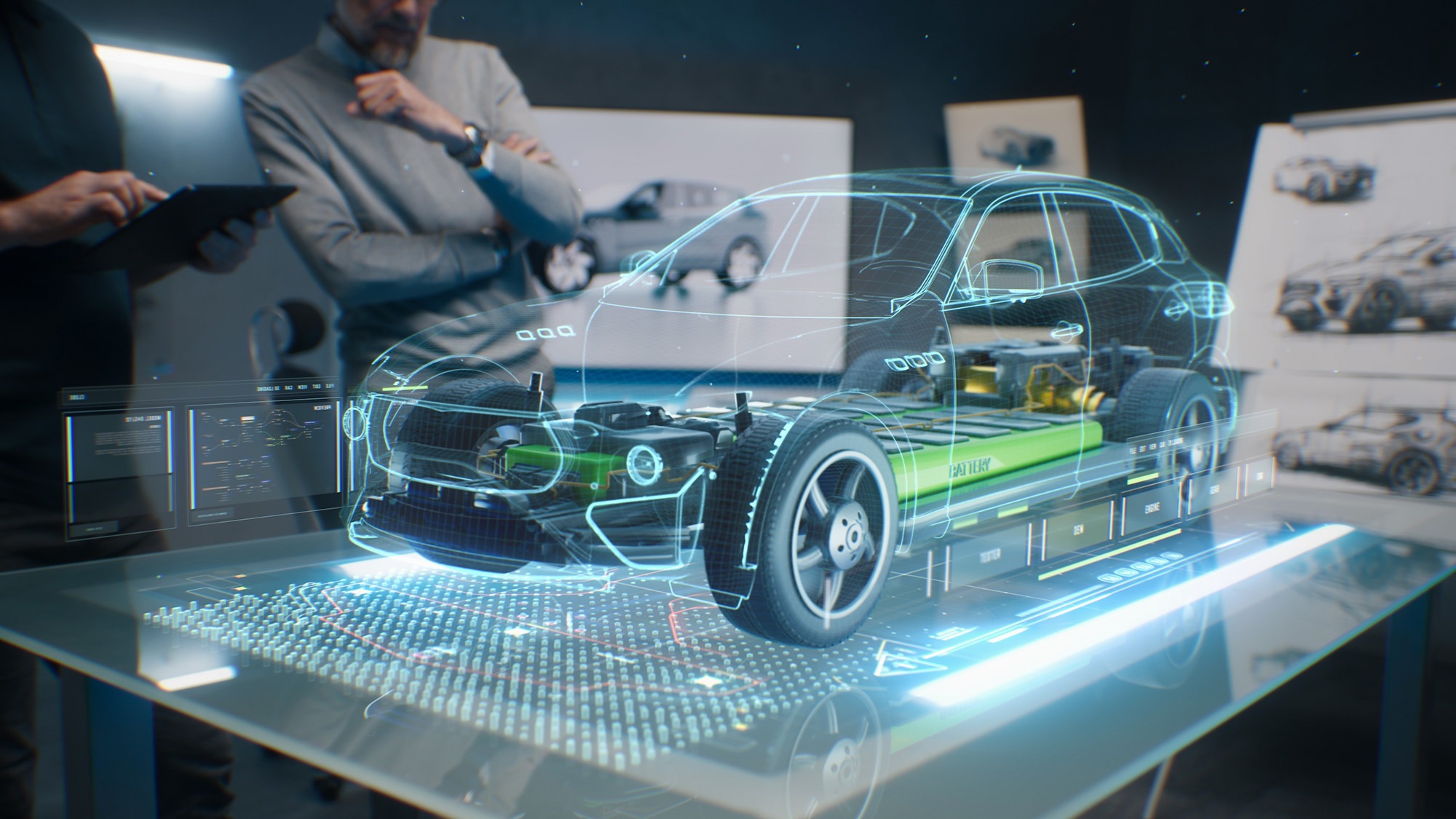 A 3D hologram of an electric car's detailed components displayed on a table, showcasing advanced technology in automotive design.